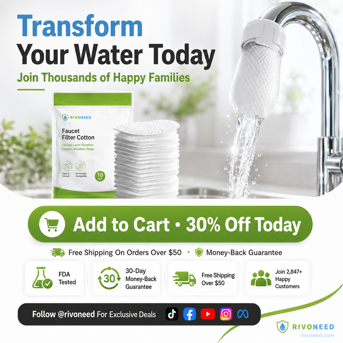 ⏰60%OFF⚡50K+ SOLD!💥Anti-Splash Kitchen Faucet Cotton Filter for Sediment & Rust Removal